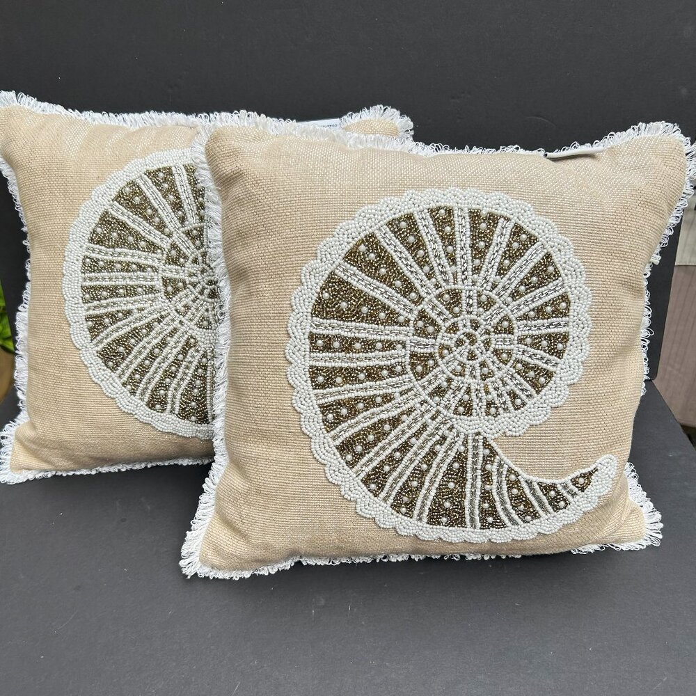 Coastal Collection Nautical Beach Beaded Seashell Pillow 12x12 Neutral